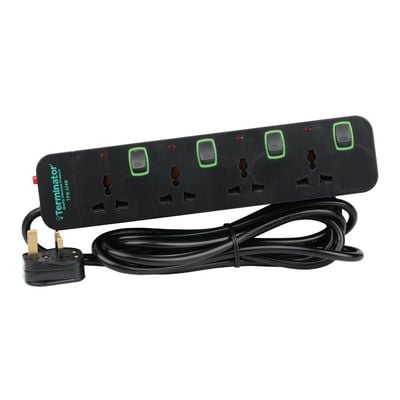 Terminator 4 Way Universal Power Extension Socket With Overload Protection, Green Border Switches, Indicators and 3M Cable