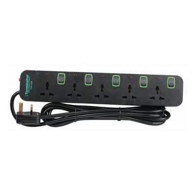 Terminator 5 Way Universal Power Extension Socket With Overload Protection, Green Border Switches, Indicators and 3M Cable