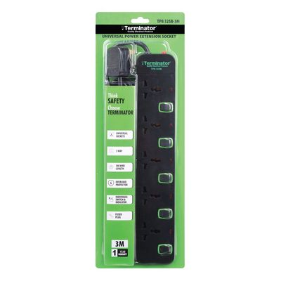 Terminator 5 Way Universal Power Extension Socket With Overload Protection, Green Border Switches, Indicators and 3M Cable