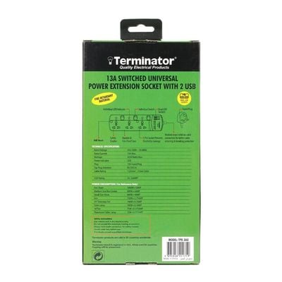 Terminator 3 Way Universal Power Extension Socket With Individual Switches & Indicators 2 USB & 3M 13A