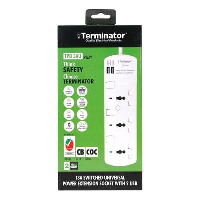 Terminator 3 Way Universal Power Extension Socket With Individual Switches & Indicators 2 USB & 3M 13A