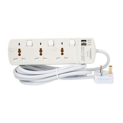 Terminator 3 Way Universal Power Extension Socket With Individual Switches & Indicators 2 USB & 3M 13A