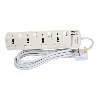 Terminator 4 Way Universal Power Extension Socket With Individual Switches & Indicators 2 USB & 3M 13A