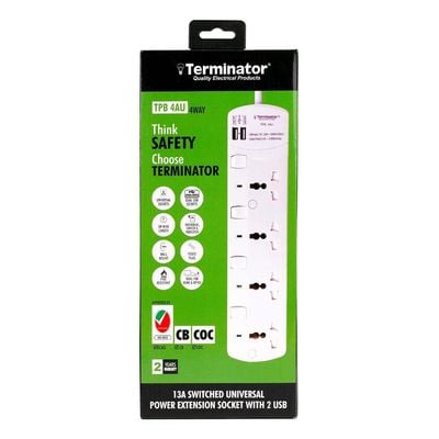 Terminator 4 Way Universal Power Extension Socket With Individual Switches & Indicators 2 USB & 3M 13A