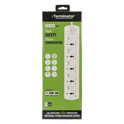 Terminator 5 Way Universal Power Extension Socket With Surge Protection Individual Switches & Indicators 3M 13A