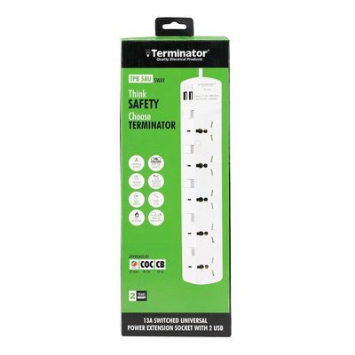 Terminator 5 Way Universal Power Extension Socket With Individual Switches & Indicators 2USB 3M 13A