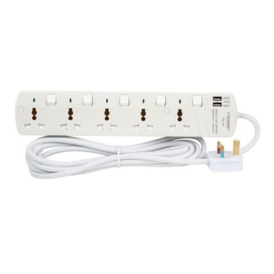 Terminator 5 Way Universal Power Extension Socket With Individual Switches & Indicators 2USB 3M 13A