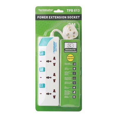 Terminator 3 Way Universal Power Extension Socket With Individual Switches & Indicators, Circuit Breaker, 3M Cable 13A Fused Plug
