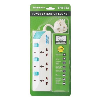 Terminator 3 Way Universal Power Extension Socket With Individual Switches & Indicators, Circuit Breaker, 5M Cable 13A Fused Plug