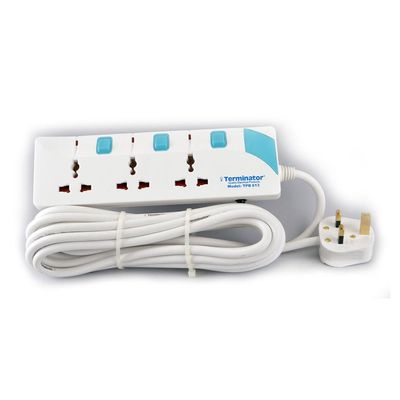 Terminator 3 Way Universal Power Extension Socket With Individual Switches & Indicators, Circuit Breaker, 5M Cable 13A Fused Plug
