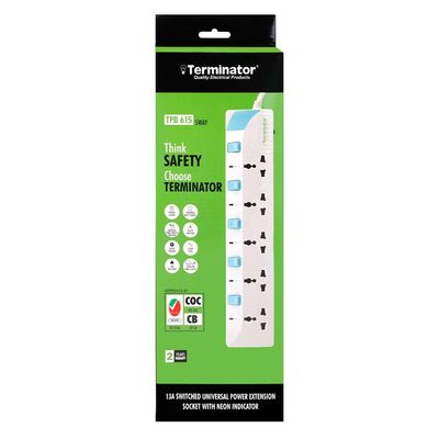 Terminator 5 Way Universal Power Extension Socket With Individual Switches & Indicators, Circuit Breaker, 3M Cable 13A Fused Plug