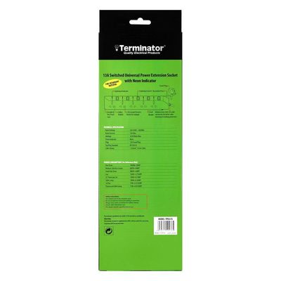 Terminator 5 Way Universal Power Extension Socket With Individual Switches & Indicators, Circuit Breaker, 3M Cable 13A Fused Plug