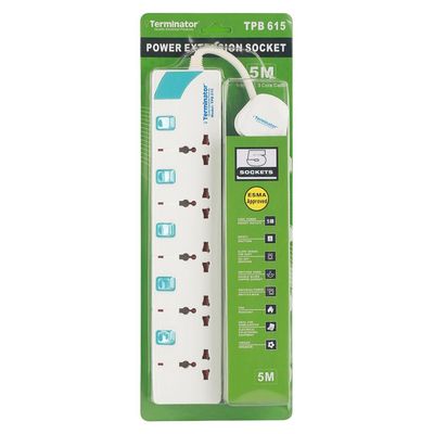 Terminator 5 Way Universal Power Extension Socket With Individual Switches & Indicators, Circuit Breaker, 5M Cable 13A Fused Plug