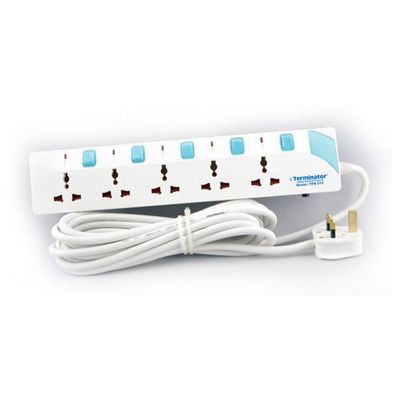 Terminator 5 Way Universal Power Extension Socket With Individual Switches & Indicators, Circuit Breaker, 5M Cable 13A Fused Plug