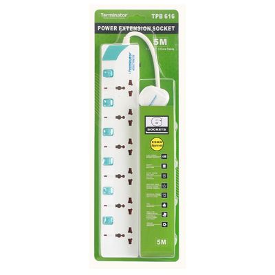 Terminator 6 Way Universal Power Extension Socket With Individual Switches & Indicators, Circuit Breaker, 5M Cable 13A Fused Plug