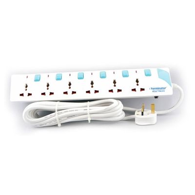 Terminator 6 Way Universal Power Extension Socket With Individual Switches & Indicators, Circuit Breaker, 5M Cable 13A Fused Plug