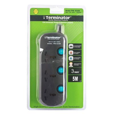 Terminator 3 Way Universal Power Extension Socket 3X1.25MM2 Black Body & Blue Switch 5M Cable 13A Plug
