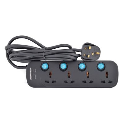 Terminator 4 Way Universal Power Extension Socket 3X1.25MM2 Black Body & Blue Switch 3M Cable 13A Plug