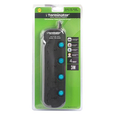 Terminator 4 Way Universal Power Extension Socket 3X1.25MM2 Black Body & Blue Switch 3M Cable 13A Plug