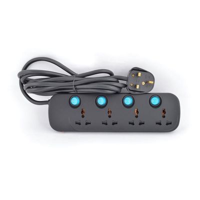 Terminator 4 Way Universal Power Extension Socket 3X1.25MM2 Black Body & Blue Switch 5M Cable 13A Plug