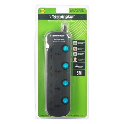 Terminator 4 Way Universal Power Extension Socket 3X1.25MM2 Black Body & Blue Switch 5M Cable 13A Plug