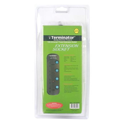 Terminator 4 Way Universal Power Extension Socket 3X1.25MM2 Black Body & Blue Switch 5M Cable 13A Plug