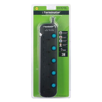 Terminator 5 Way Universal Power Extension Socket 3X1.25MM2 Black Body & Blue Switch 3M Cable 13A Plug