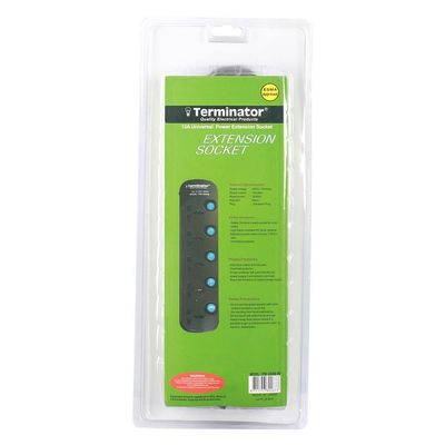 Terminator 5 Way Universal Power Extension Socket 3X1.25MM2 Black Body & Blue Switch 5M Cable 13A Plug