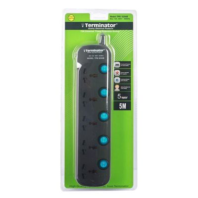 Terminator 5 Way Universal Power Extension Socket 3X1.25MM2 Black Body & Blue Switch 5M Cable 13A Plug