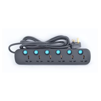 Terminator 6 Way Universal Power Extension Socket 3X1.25MM2 Black Body & Blue Switch 3M Cable 13A Plug
