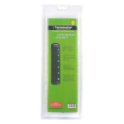 Terminator 6 Way Universal Power Extension Socket 3X1.25MM2 Black Body & Blue Switch 3M Cable 13A Plug