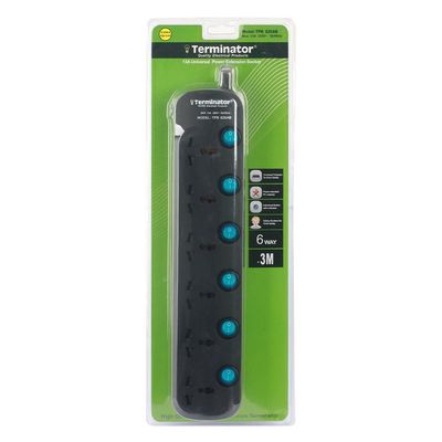 Terminator 6 Way Universal Power Extension Socket 3X1.25MM2 Black Body & Blue Switch 3M Cable 13A Plug