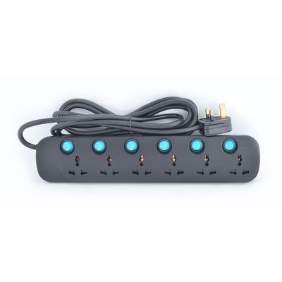 Terminator 6 Way Universal Power Extension Socket 3X1.25MM2 Black Body & Blue Switch 5M Cable 13A Plug
