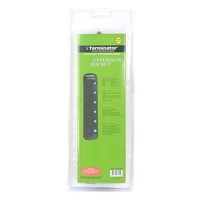 Terminator 6 Way Universal Power Extension Socket 3X1.25MM2 Black Body & Blue Switch 5M Cable 13A Plug