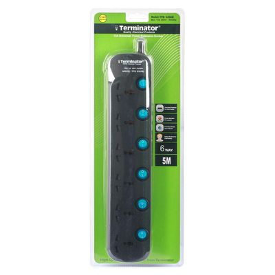 Terminator 6 Way Universal Power Extension Socket 3X1.25MM2 Black Body & Blue Switch 5M Cable 13A Plug