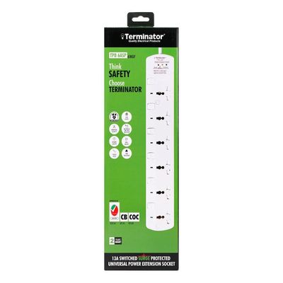 Terminator 6 Way Universal Power Extension Socket With 3 LED Surge Protection Individual Switches & Indicators 5M 13A