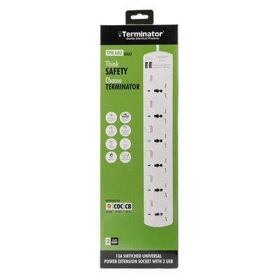 Terminator 6 Way Universal Power Extension Socket With Individual Switches & Indicators 2USB 3M 13A