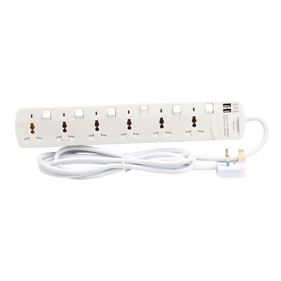 Terminator 6 Way Universal Power Extension Socket With Individual Switches & Indicators 2USB 3M 13A