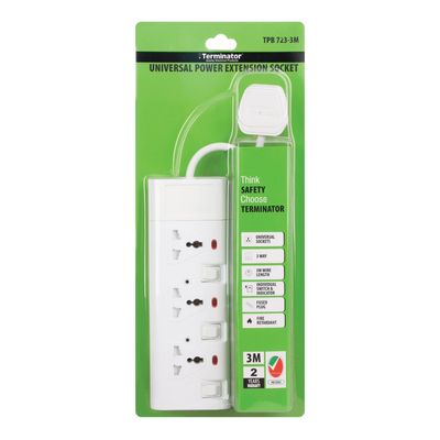 Terminator 3 Way Universal Power Extension Socket With Individual Switches, Indicators and 3M Cable