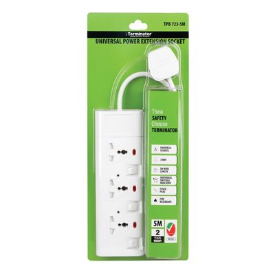 Terminator 3 Way Universal Power Extension Socket With Individual Switches, Indicators and 5M Cable