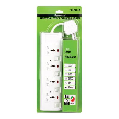 Terminator 4 Way Universal Power Extension Socket With Individual Switches, Indicators and 3M Cable