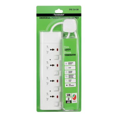 Terminator 4 Way Universal Power Extension Socket With Individual Switches, Indicators and 5M Cable