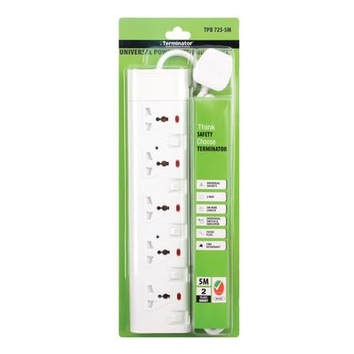 Terminator 5 Way Universal Power Extension Socket With Individual Switches, Indicators and 5M Cable