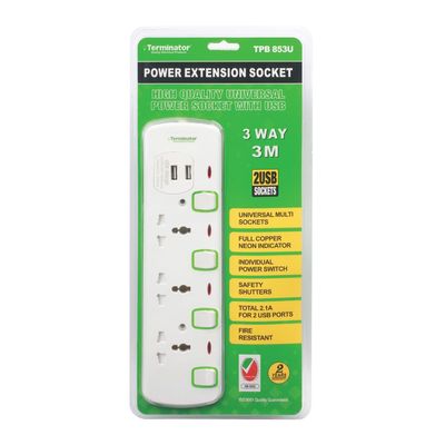 Terminator 3 Way Universal Power Extension Socket With 2 USB 2.1A, 3M Cable 13A