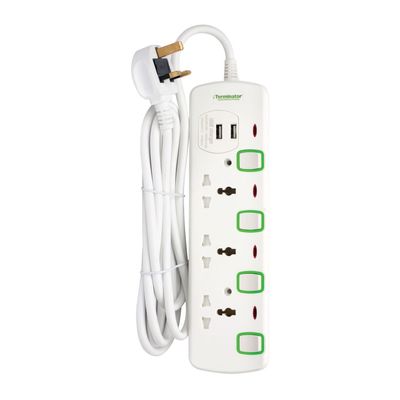 Terminator 3 Way Universal Power Extension Socket With 2 USB 2.1A, 3M Cable 13A