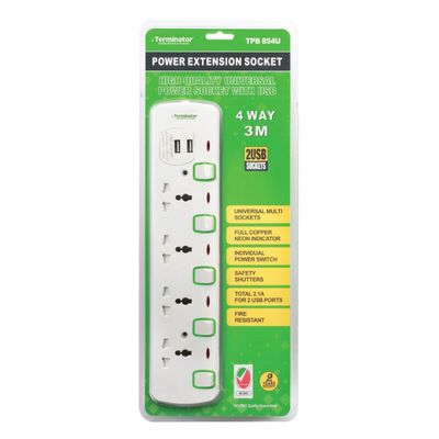 Terminator 4 Way Universal Power Extension Socket With 2 USB 2.1A, 3M Cable 13A