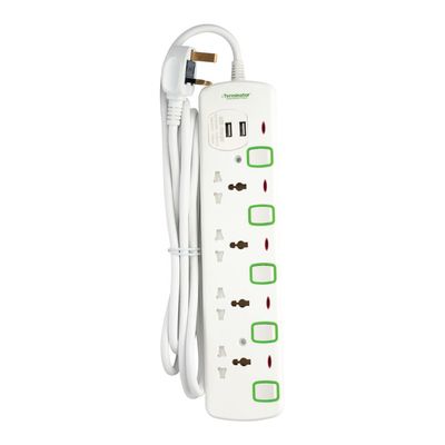 Terminator 4 Way Universal Power Extension Socket With 2 USB 2.1A, 3M Cable 13A
