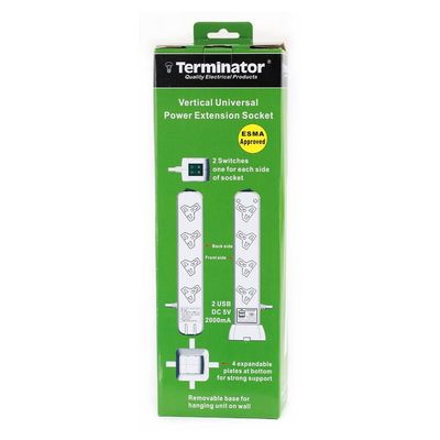 Terminator 8G Universal Vertical/Horizontal  Power Extension Socket With2USB2000mA&2Switches1.25mm2Cable13APlug