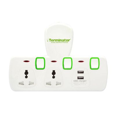 Terminator 2 Way Universal T Socket With 2USB, 2.1Ah Individual Switch And Indicator