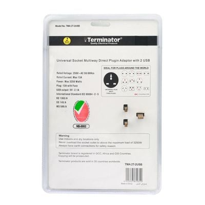 Terminator 2 Way Universal T Socket With 2USB, 2.1Ah Individual Switch And Indicator